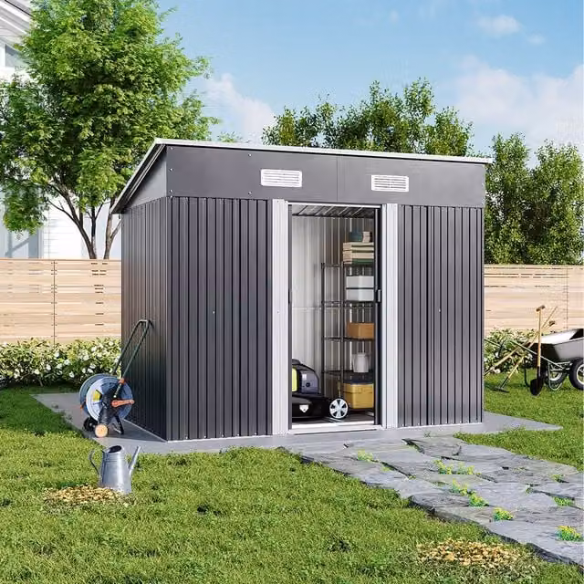 Breeins Metal Pent Garden Shed with Double Doors, Charcoal Black