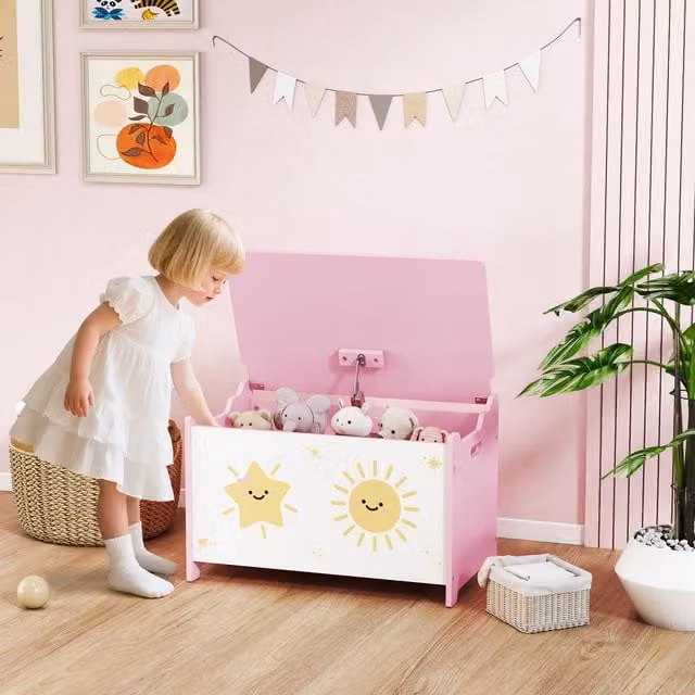 AIYAPLAY Pink Lacquered Toy Box with Safety Lid for Children