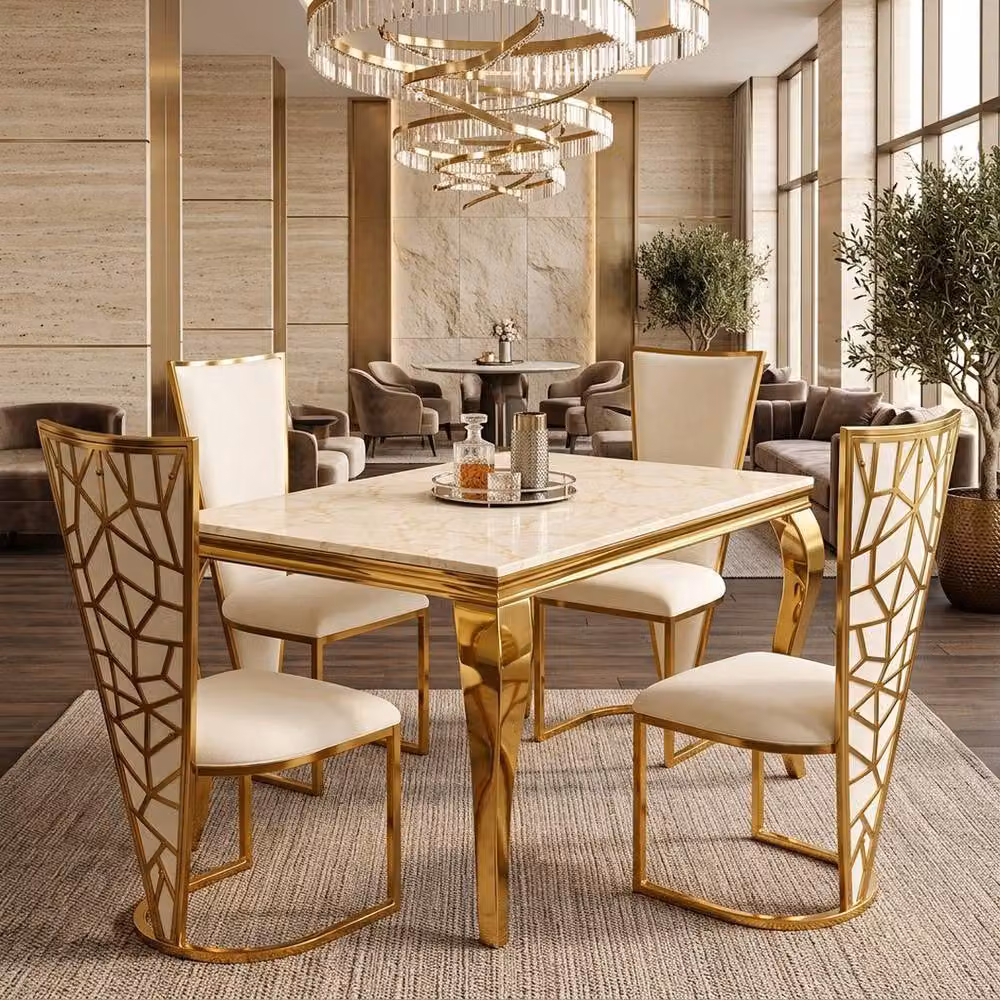 Home Luxe Interior Marble Dining Table and 4 Vienna Cream Gold Velvet Chairs Set, Width: 120 cm – 3