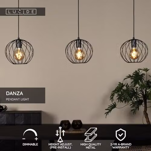 Netlighting Danza Classic Black Metal Bar Pendant Light with 3 x E27 Spheres, Height Adjustable – 2