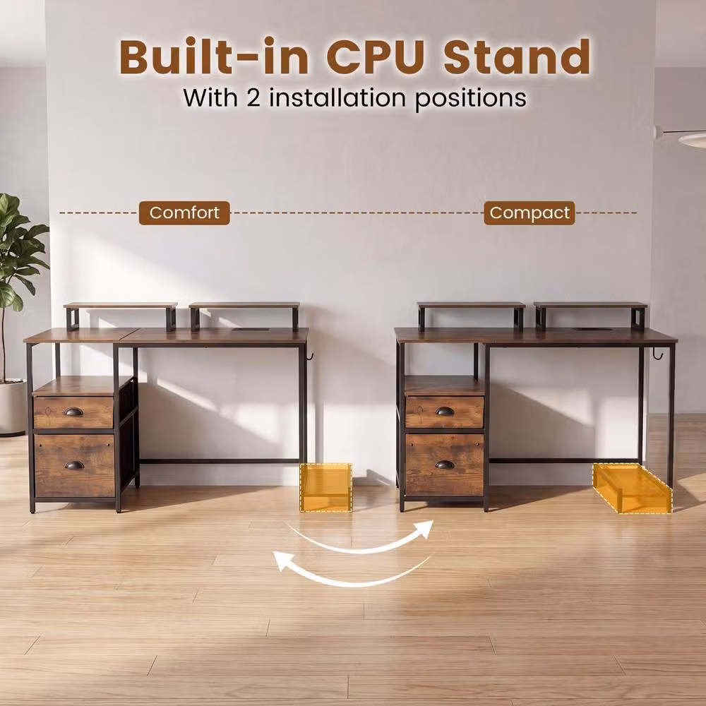 Gymax Industrial Writing Desk with Power Outlets and 2 Monitor Shelves in Brown – 6