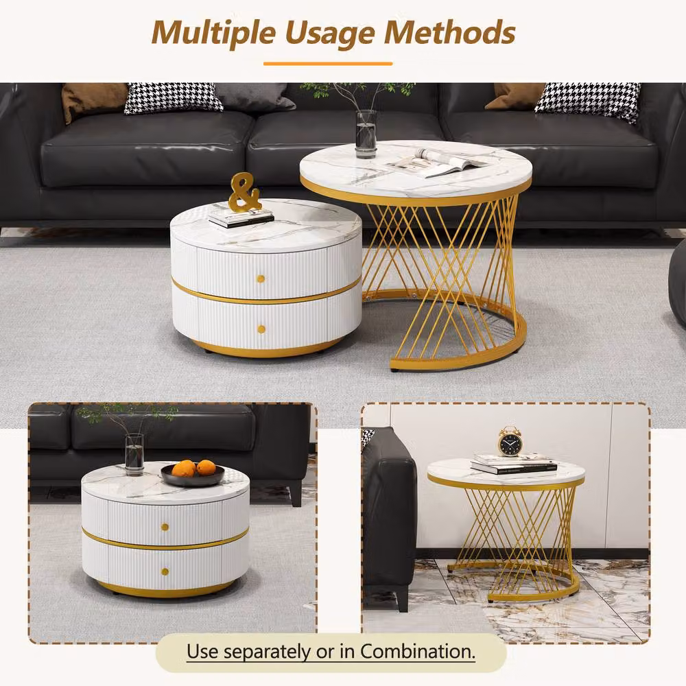 ModernLuxe Set of 2 High Gloss Round Nesting Coffee Tables with Drawers in White and Gold – 7