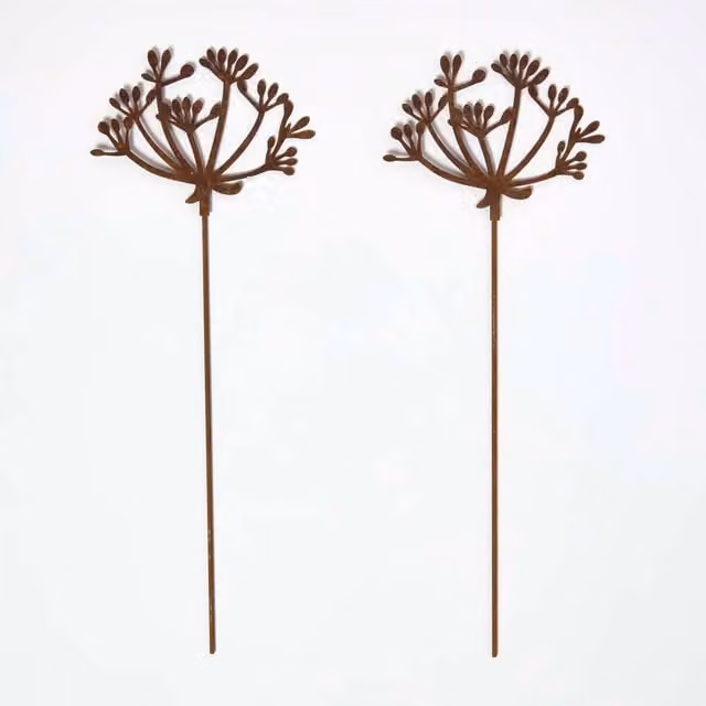 Homescapes Steel Cow Parsley Garden Stake Decorations, Set of 2, Brown