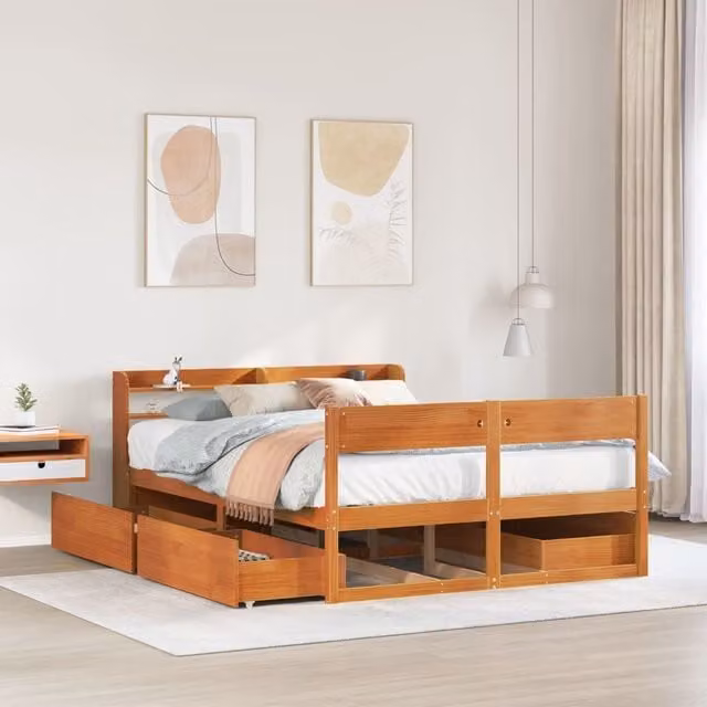 Berkfield Home Wax Brown Solid Wood Pine Bed Frame W/D/H: 160 x 200 cm – 1
