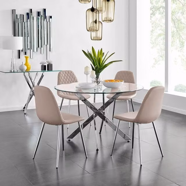 FurnitureboxUK Novara Round Glass and Chrome Dining Table with 4 Corona Silver Chairs Set in Cappuccino