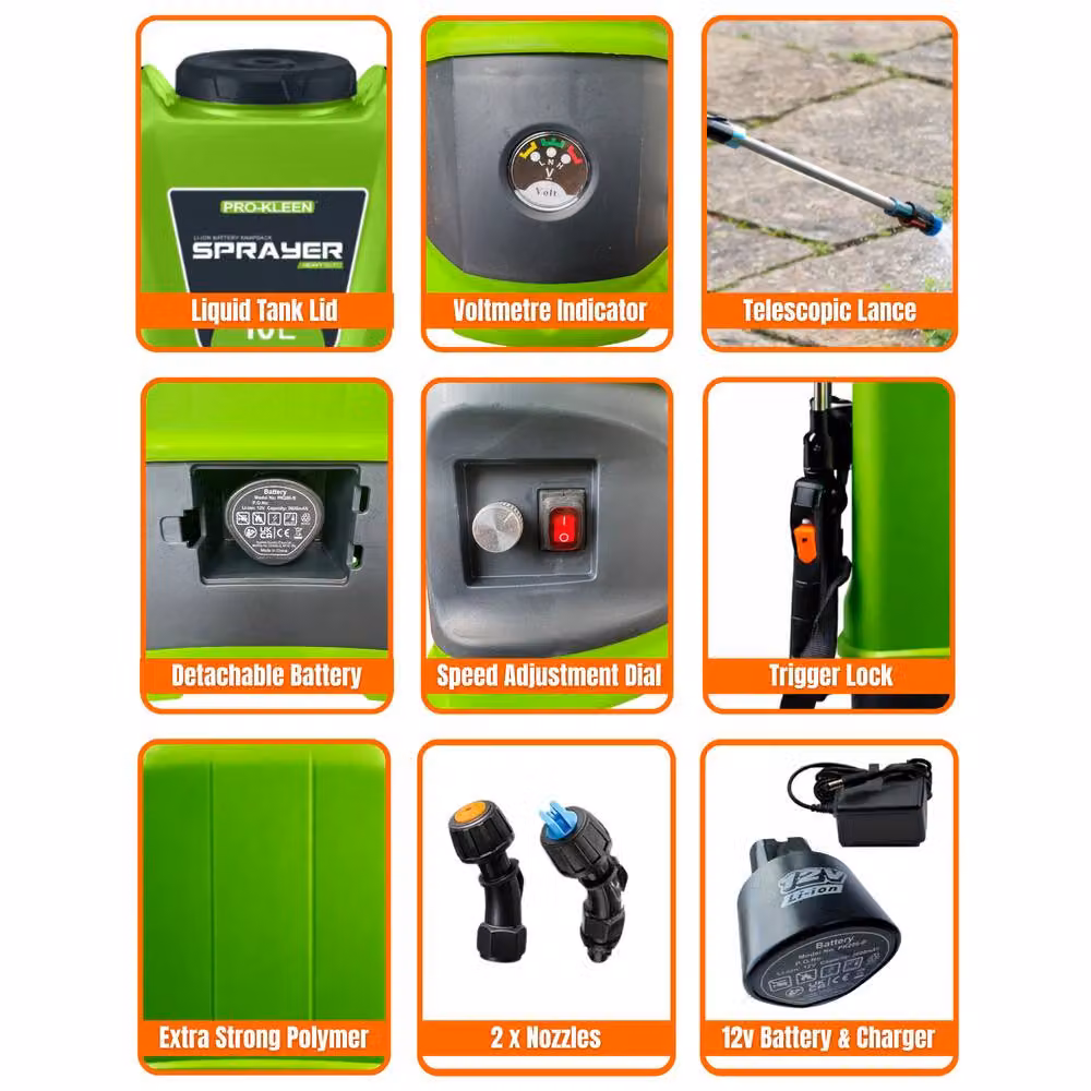 ProKleen Battery Powered Knapsack Sprayer 10L Green with 12V Rechargeable Battery – 5