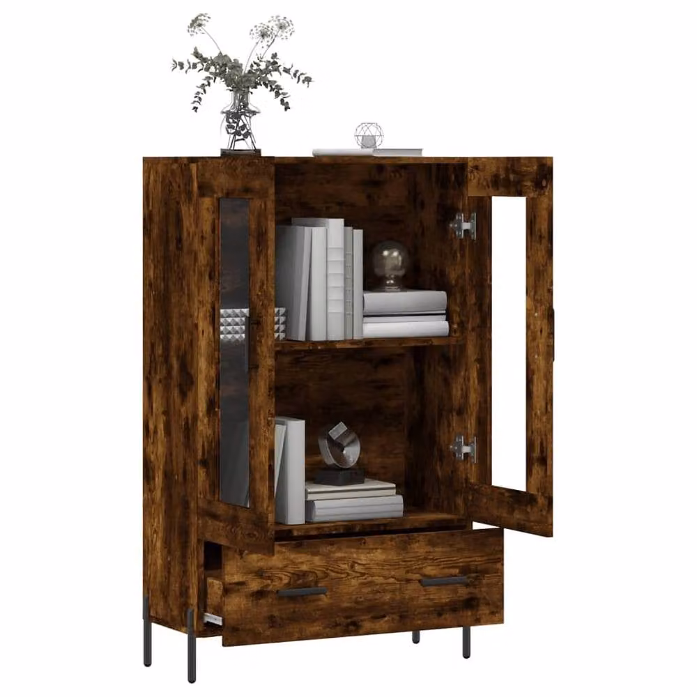 Berkfield Home Smoked Oak Highboard in Brown with Glass Doors, W/D/H: 69.5 x 31 x 115 cm – 4