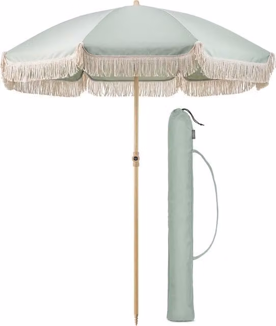 Christow Portable Cotton Tassel Parasol in Green with Steel Central Pole