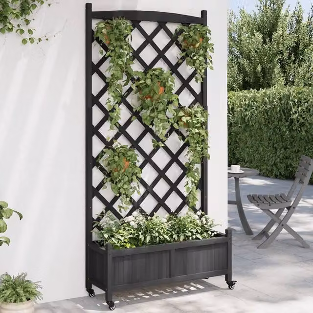 Berkfield Home Black Solid Fir Wood Planter with Trellis and Wheels