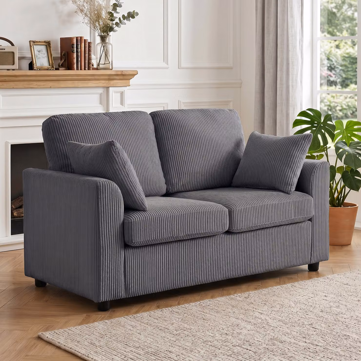 HOMCOM 2 Seater Corduroy Sofa in Dark Grey with Spring Cushions and Scatter Cushions – 2