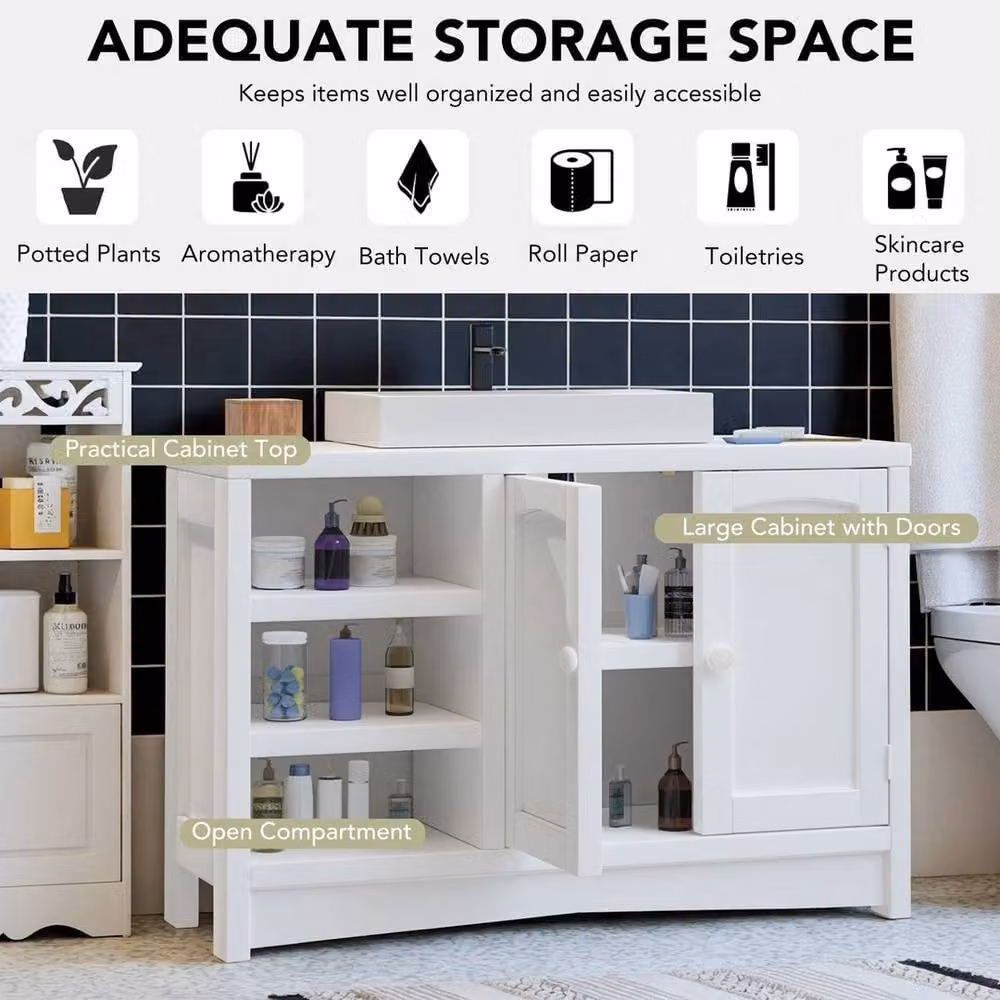NESTLUNE White and Gold Minimalist Freestanding Under Sink Bathroom Storage Cabinet – 3
