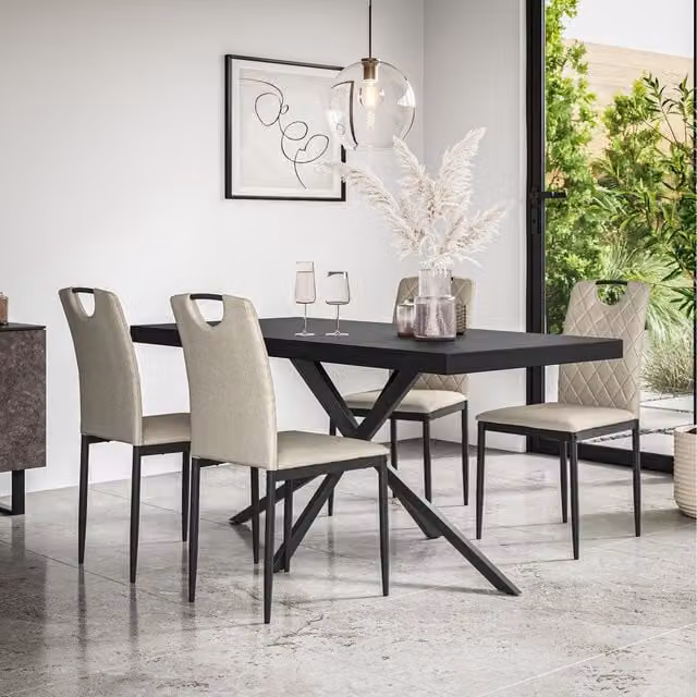 More4Homes Donni Rectangular Dining Table and Monza Linen Chairs Set in Beige and Black with 6 Chairs