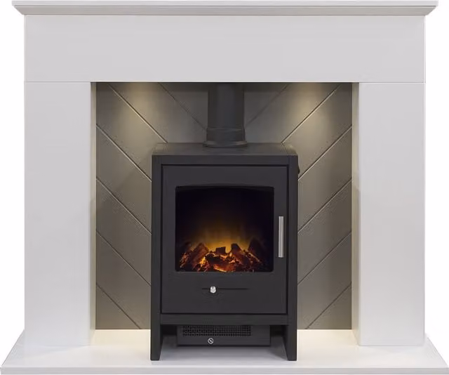 Adam Fires & Fireplaces Corinth Stove Fireplace in Pure White and Grey with Downlights and Bergen Electric Stove in Charcoal Grey, 48 Inch