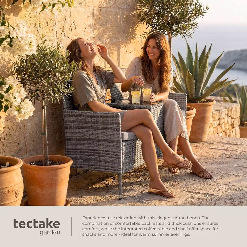 tectake Poly Rattan Outdoor Bench with Integrated Table and Cushions, Grey, W/D/H: 133 x 63 x 84 cm – 9