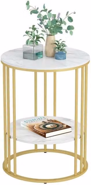 FLAVORA Gold and White Round Ceramic Coffee Table with Abstract Stone Design – 1