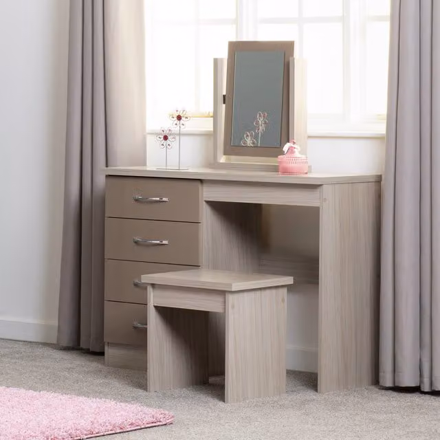 Seconique Nevada 4 Drawer Dressing Table Set in Beige and Brown Glossy Finish