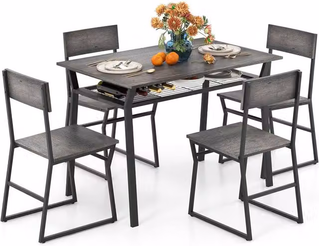 Costway Industrial 5-Piece Dining Table Set with 4 Chairs in Grey