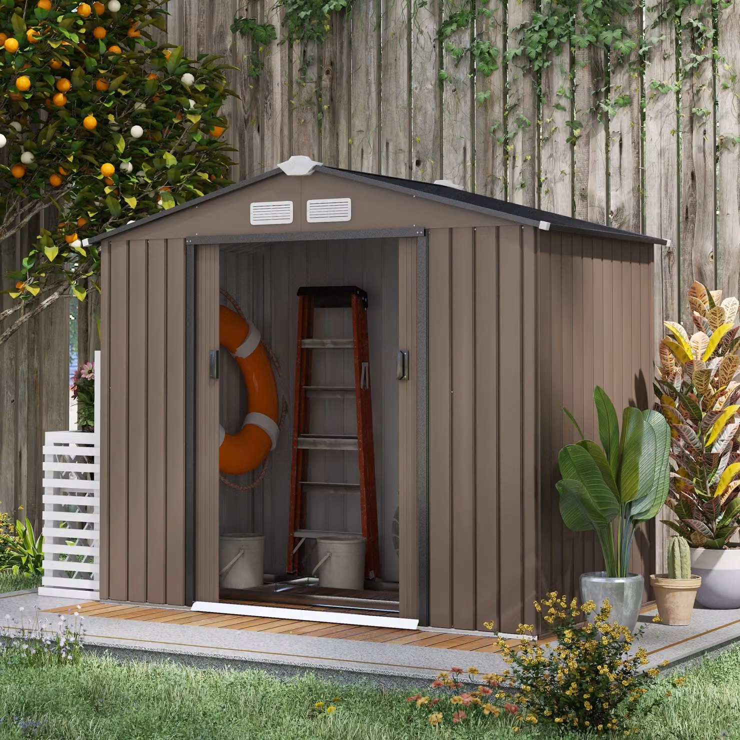 Outsunny Brown Galvanised Steel Pent Garden Storage Shed with Lockable Sliding Door and Side Vents – 2