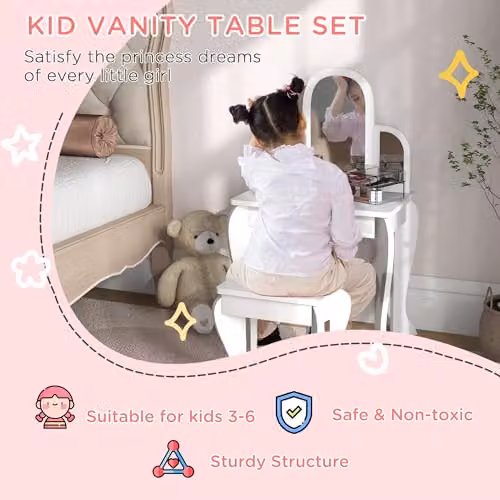 HOMCOM Kids Dressing Table and Stool with Mirror and Drawer, White, W/D/H: 85 x 32 x 32 cm – 3