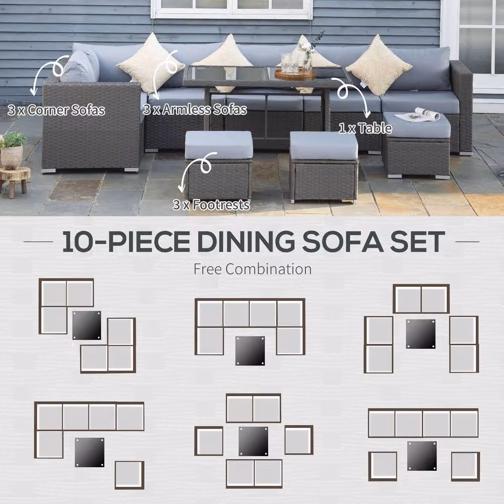 OUTSUNNY 10 Piece Grey Rattan Sofa Set with Table, Stools and Cushions – 3