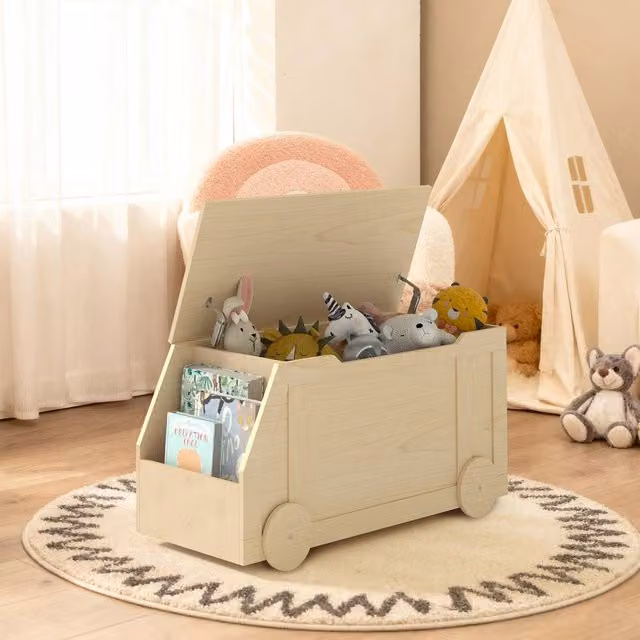 KEEPREAPER Stylish Wooden Childrens Toy Storage Box with Lid and Safety Hinges in Beige