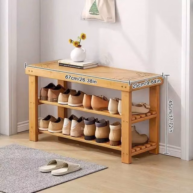 FORGEVIO 2-Tier Bamboo Shoe Rack and Seating Bench in Natural Beige