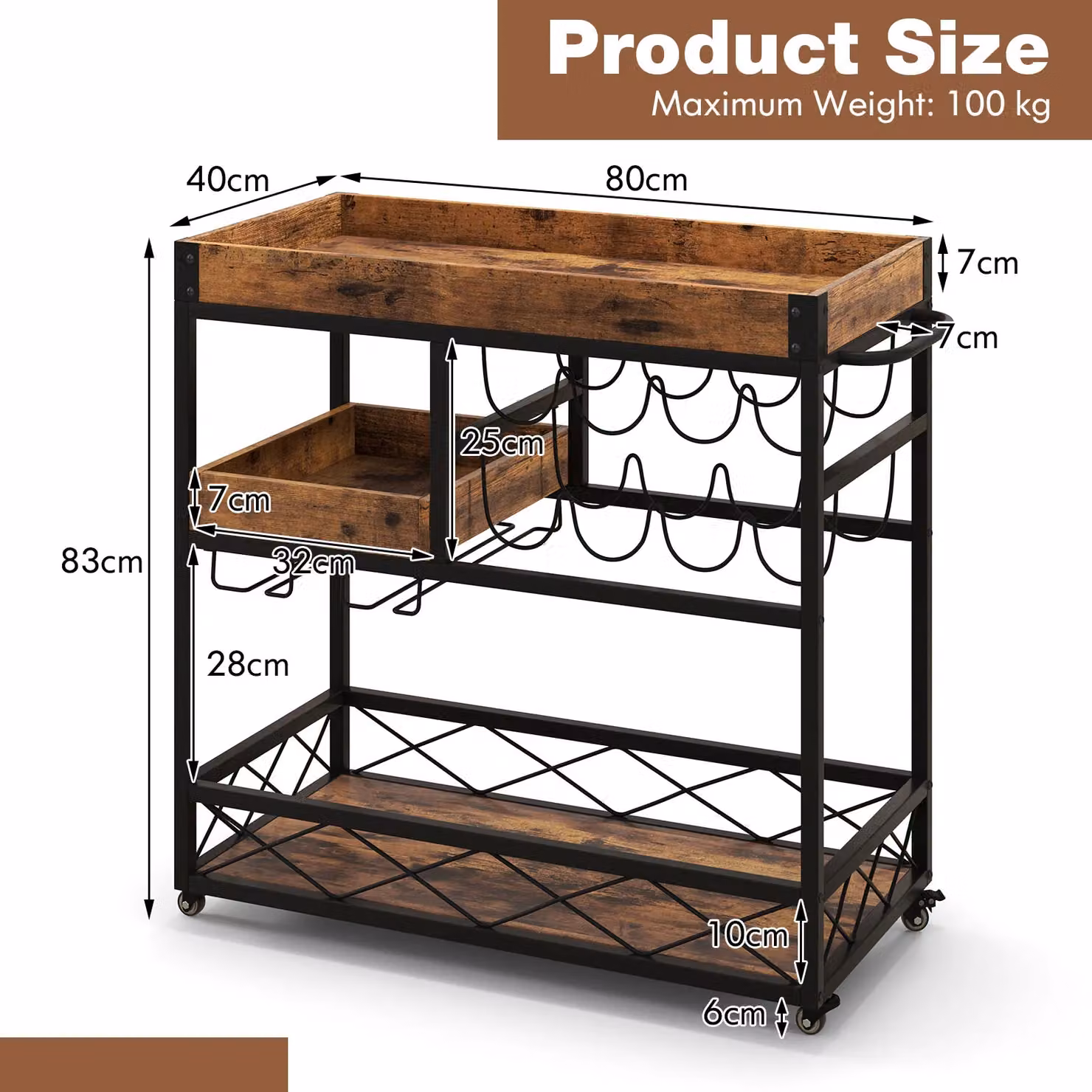 Costway 3-Tier Industrial Kitchen Serving Cart and Rolling Bar Trolley with Wine Rack in Brown – 2