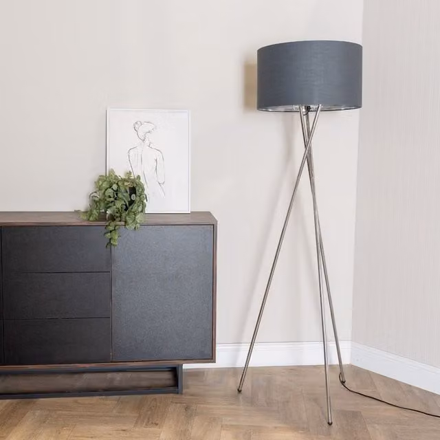 ValueLights Camden Chrome Tripod Floor Lamp with Grey Fabric Cylinder Shade and Warm White Bulb – 1