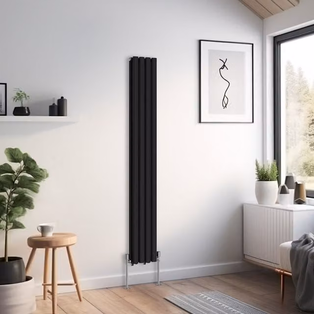 Right Radiators Oval Double Panel Vertical Radiator in Black, Height: 160 cm, Width: 23.6 cm