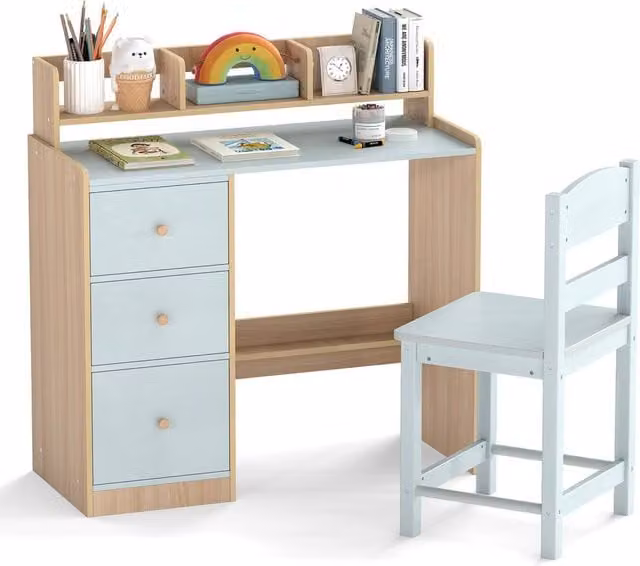 Costway Kids Study Desk and Chair Set with Wooden Hutch and Storage Shelf in Multicolour