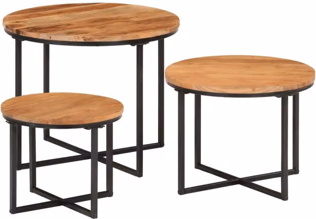 Berkfield Home Nesting Coffee Tables, 3 Piece Set in Brown Solid Acacia Wood and Iron