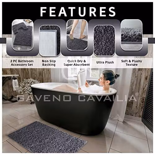Gaveno Cavailia 2 Piece Non-Slip Zero Twist Bath Mat and Pedestal Set in Anthracite Grey, W/D/H: 50 x 80 cm and 50 x 40 cm – 2
