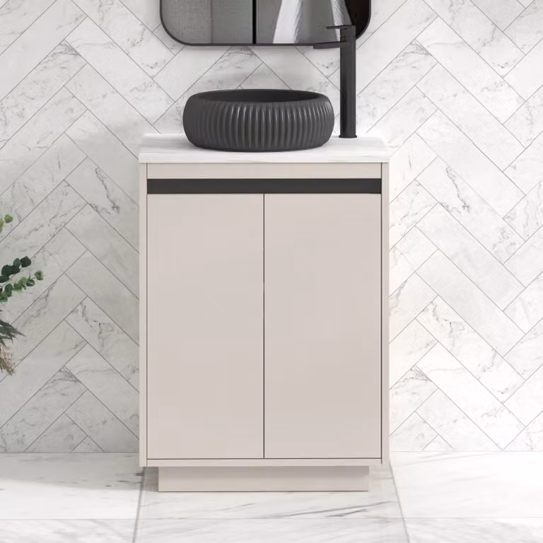 Royal Bathrooms Orion 600mm Warm Taupe Floor Standing 2 Door Vanity Unit with Milan Black Basin and Black Accent Trim