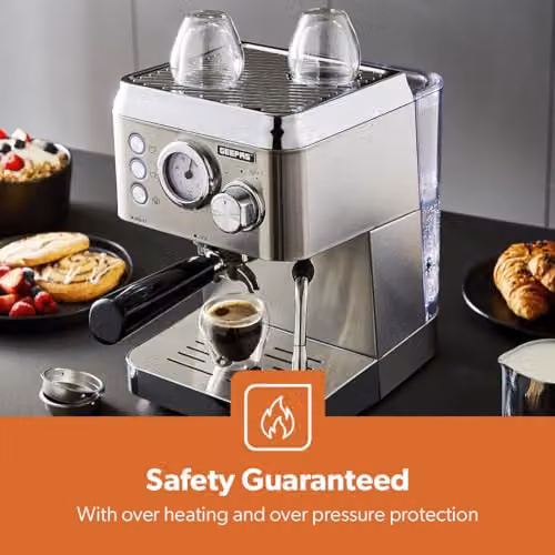 GEEPAS Espresso and Cappuccino Coffee Machine with Milk Frother, 15 Bar Pressure, 1.8L Detachable Water Tank, 1140W, Silver Stainless Steel – 7