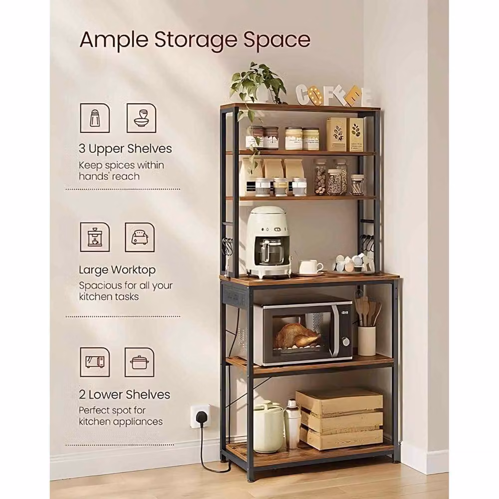 The Bazaarist Industrial Bakers Rack and Coffee Station with Power Outlet and 6 Hooks, Brown and Black – 3