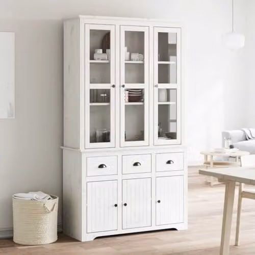 vidaXL BODO Highboard in White Solid Wood Pine with Glass Doors, W/D/H: 115.5 x 43 x 200.5 cm