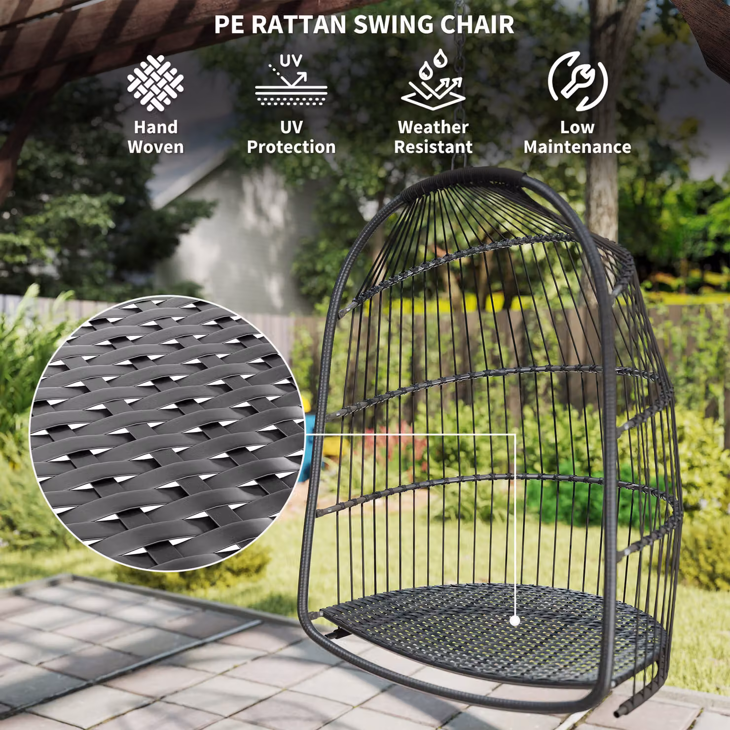 Outsunny Dark Grey Rattan Hanging Egg Chair with Metal Frame and Cushions – 5