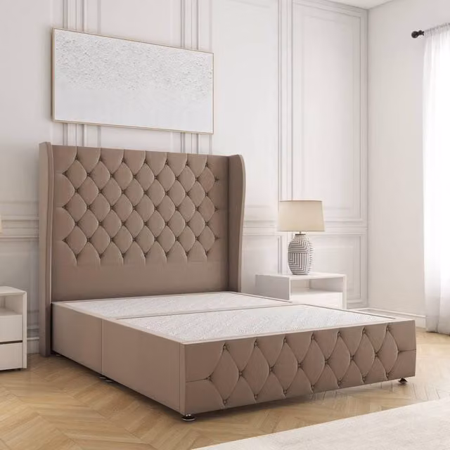 BSSPOKE Faye Small Double Divan Bed with 54 inch Plush Velvet Headboard in Taupe