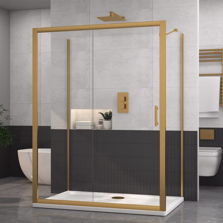 Royal Bathrooms Venice 3-Sided Rectangular Sliding Door Shower Enclosure with 6mm Glass, Gold/Brushed Brass, W: 140 cm, D: 76 cm