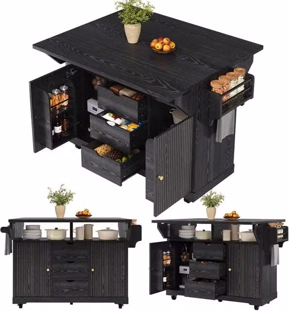 Merax Fluted Drop Leaf Kitchen Island Mobile Storage Trolley Cabinet in Black, W/D/H: 142.5 x 40.0 x 95.0 cm – 1
