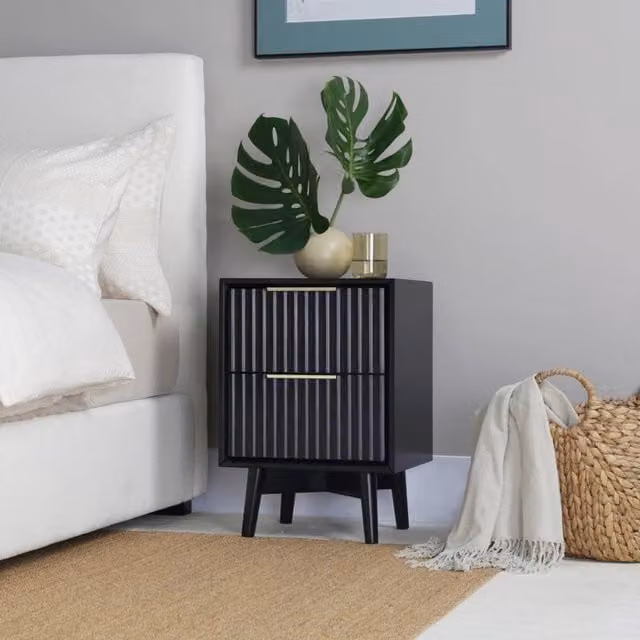 Home Garden Direct Monza 2 Drawer Bedside Table with Fluted Front in Black