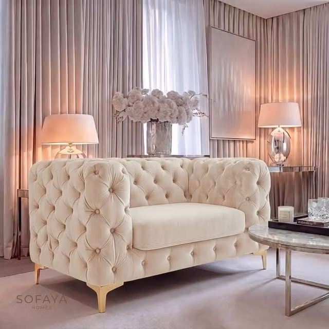 Sofaya Monaco Chesterfield Velvet Armchair in Beige – 1