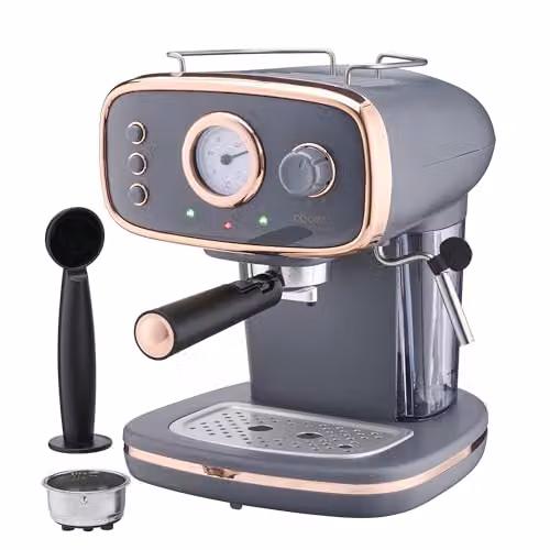 Cooks Professional 15-Bar Retro Espresso Coffee Machine with Steam Wand and 1.2L Removable Water Tank in Grey and Copper