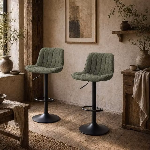 Wyld Haus Kali Green Linen Look Adjustable Swivel Bar Stools, Set of 2 – 1