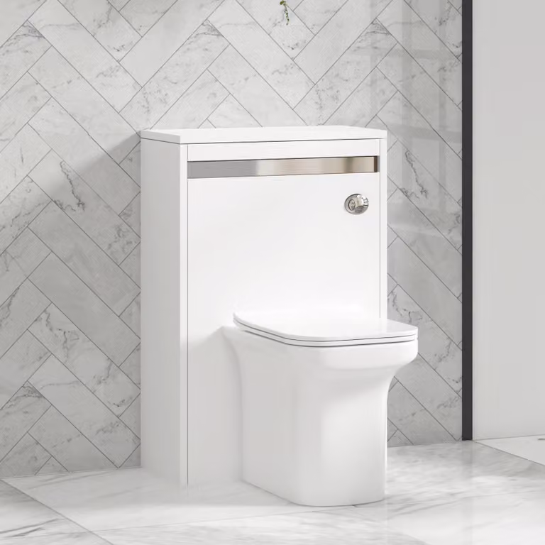 Royal Bathrooms Orion 540mm Matt White Back to Wall WC Unit with Crosby Rimless Ceramic Toilet Pan, Soft Close Seat and Cistern with Chrome Accent Trim