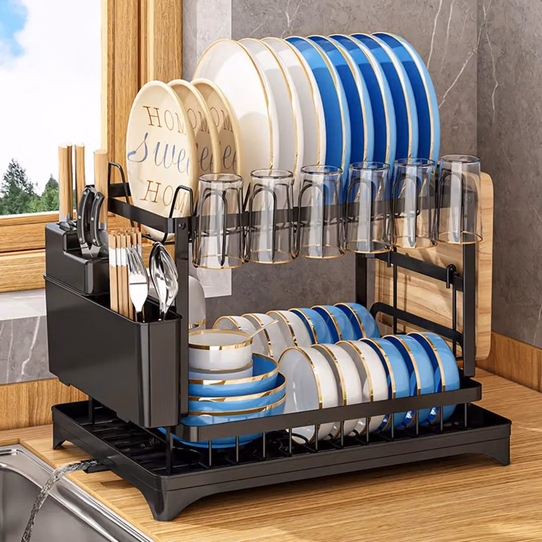 SPETLEK 2 Tier Kitchen Sink Dish Drainer Rack with Cutlery Holder, Black, W/D/H: 42 x 30 x 29 cm – 3