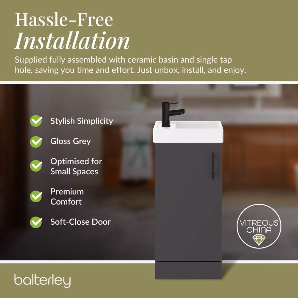 Balterley Gloss Grey Freestanding Floor Standing Vanity Basin with Matt Black Handle, Width: 40 cm, Height: 86.1 cm – 5
