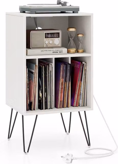 Gymax 3-Tier Modern Record Player Stand with Charging Station and Media Compartments in White – 1