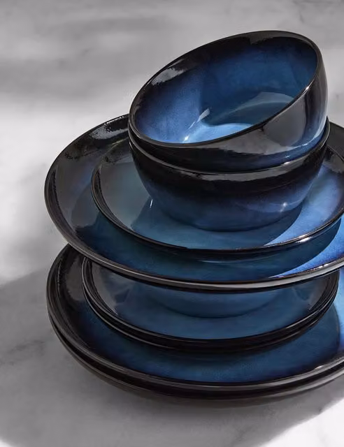 M&S Amberley 12 Piece Navy Blue Stoneware Dinner Set