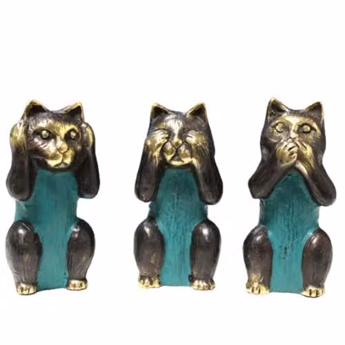 KDMD Set of 3 See No Hear No Speak No Evil Brass Cat Figurines in Gold